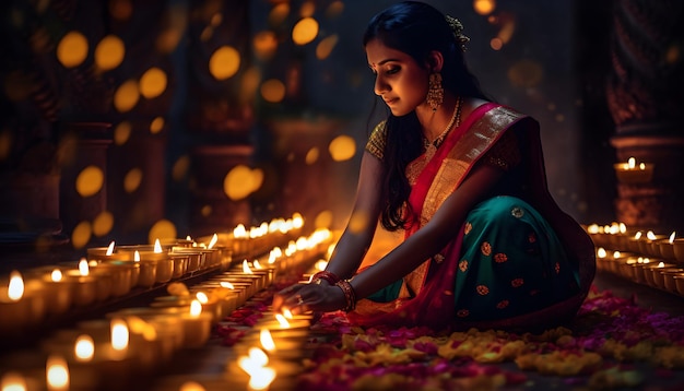 A woman lights candles in a dark room with a yellow and red saree.