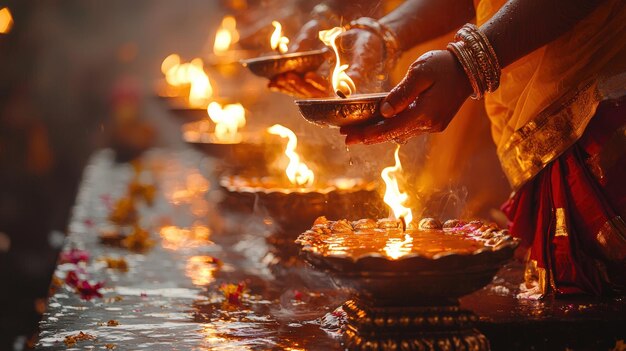 A woman lights a diya