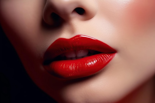 Woman lips with red lipstick with open female mouth closeup Beauty concept Generative AI illustration