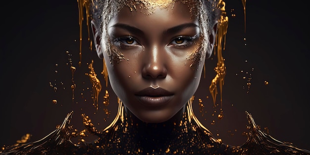 Woman in liquid gold in beautiful portrait Generative AI