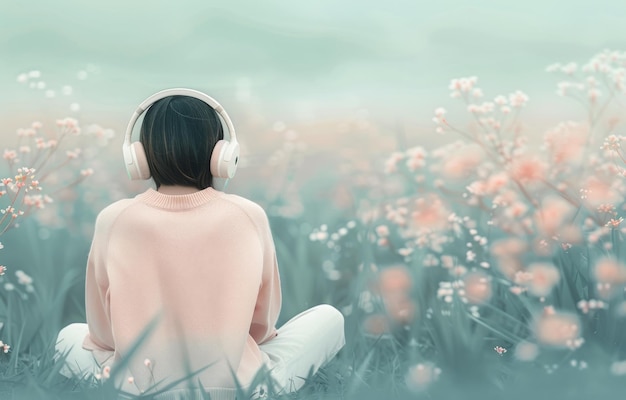 Photo woman listening to music in foggy field