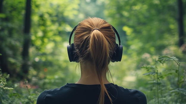 Photo woman listening to music in forest