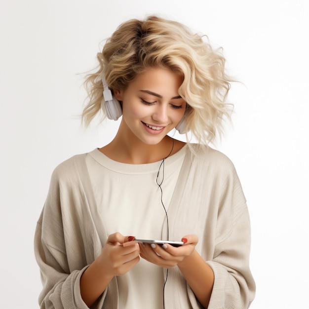 woman listening to music on headphones studio background generated by AI