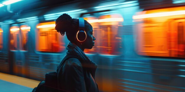 Photo woman listening to music near train