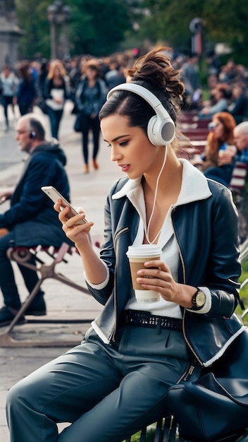 Woman listening to music and using smartphone