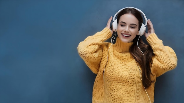 Woman listening to music in wireless headphones happy wearing yellow knitted sweater posing on blue