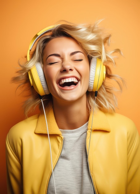 Photo woman listening music with headphones on background enjoy the music