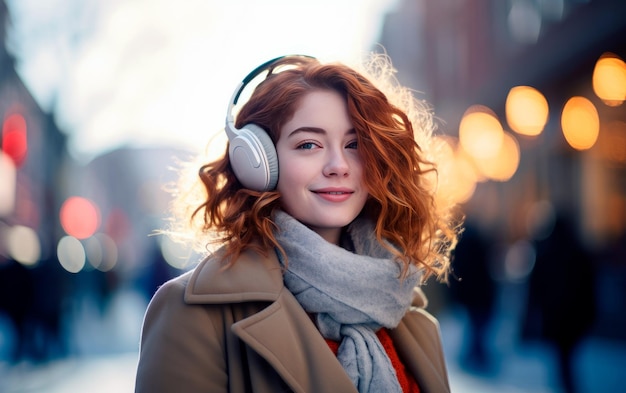 Woman listening music with headphones on the street Winter clothes