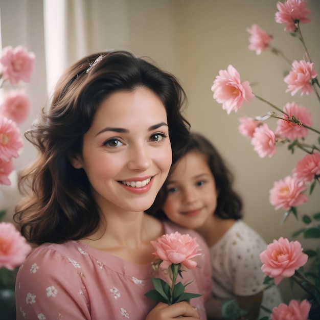 a woman and a little girl are posing with pink flowers