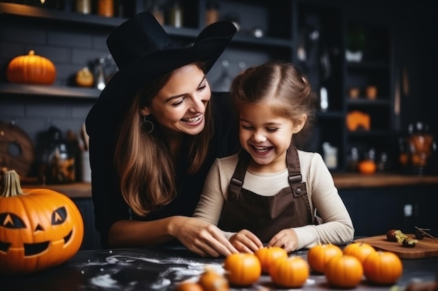 A Woman and a Little Girl Carving Pumpkins