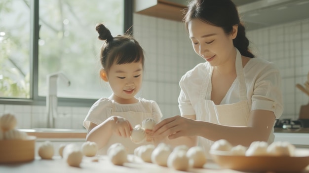 Woman and Little Girl Cooking Together in a Kitchen