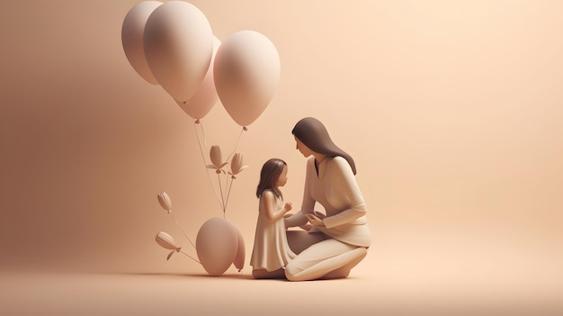 A woman and a little girl sit on a pink background with balloons.