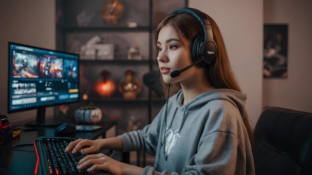 Woman live streaming her video game session