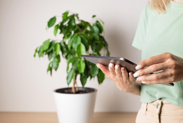 Woman in living room using digital tablet touchpad for online shopping