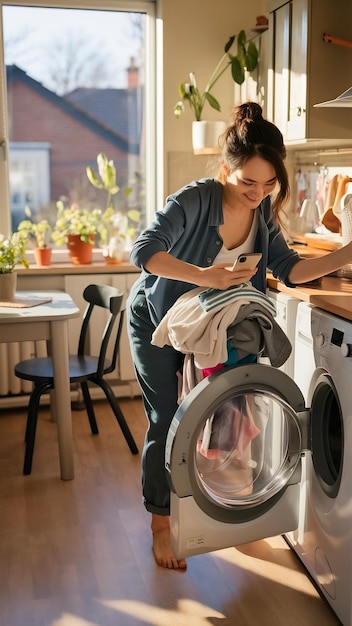 Photo woman loading clothes into washing machine and holding phone