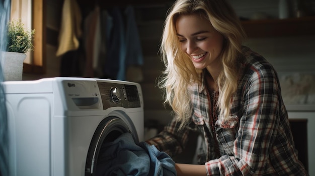 Photo woman loading clothes in washing machine