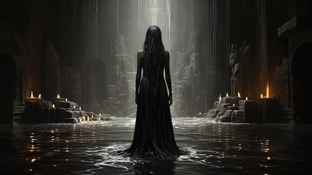 A woman in a long black dress standing in water