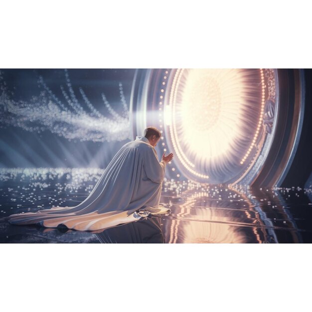 Photo a woman in a long cape stands in front of a large circle with a light shining through it