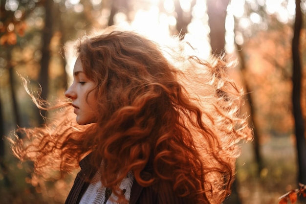 Woman long curly hair in forest Generate Ai