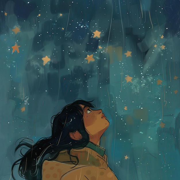 Woman long dark hair gazing upwards stars Illustration brunette night