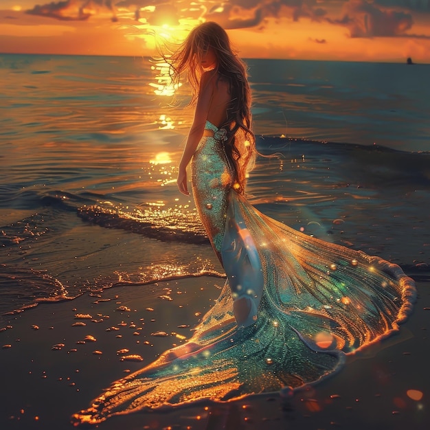 Photo a woman in a long dress is standing on the beach with the sun setting behind her