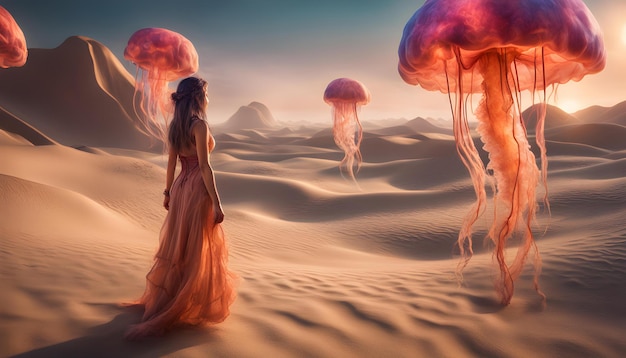 a woman in a long dress is walking in the desert with jellyfish