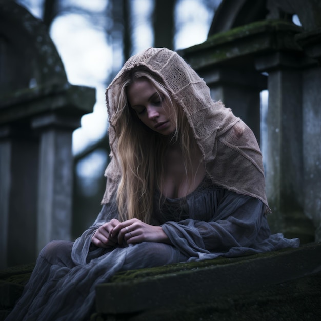 a woman in a long dress sitting on a tombstone