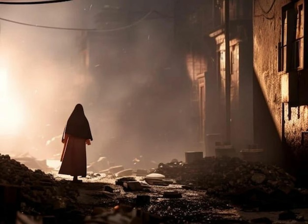 A woman in a long dress stands in a dark alley with a sign that says'i am a woman '