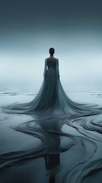 a woman in a long dress stands in the water with the words " the word " on it.