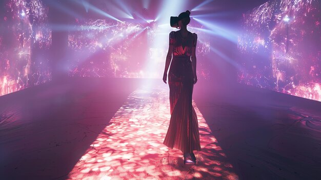 Photo a woman in a long dress and vr headset walks down a glowing runway with light beams