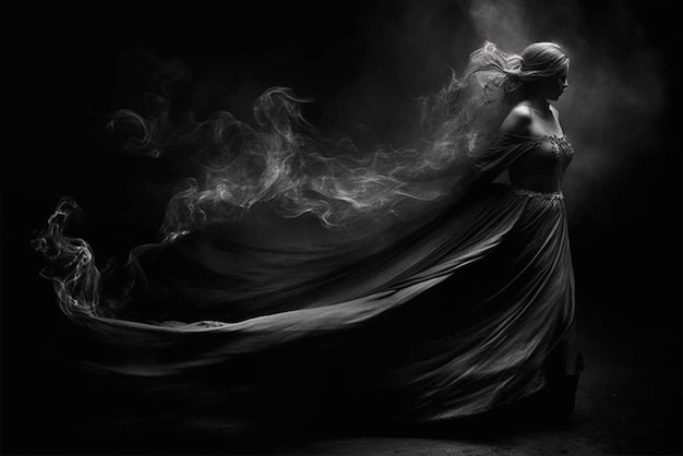 A woman in a long dress with a veil blowing in the wind.