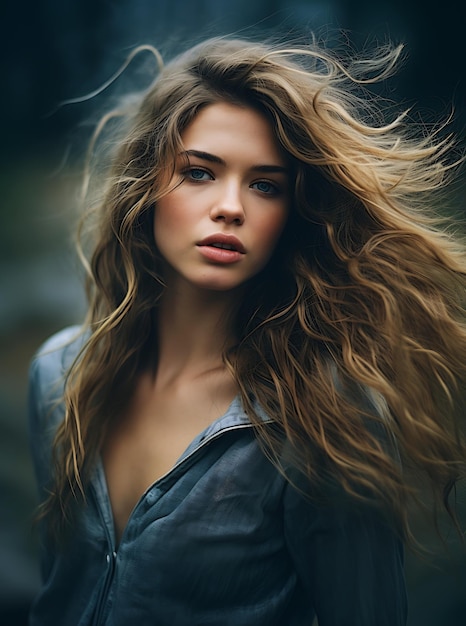 woman long hair standing forest looking professional blowing wind portrait soft focus gel spiked