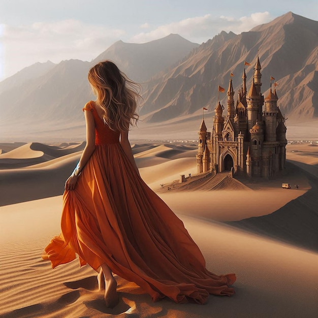 Photo a woman in a long orange dress is standing in the desert