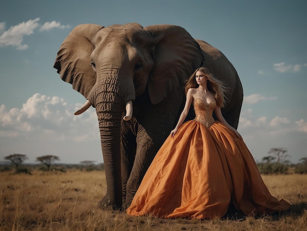 a woman in a long orange dress sits next to an elephant