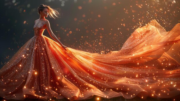 Photo a woman in a long orange gown is surrounded by a cloud of glitter