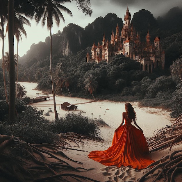 Photo a woman in a long red dress sits on a beach with a castle in the background