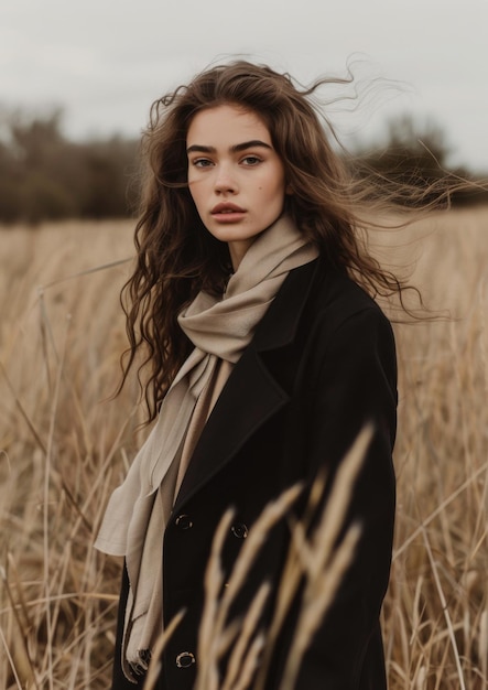 a woman in a long scarf stands in a field of dry grass