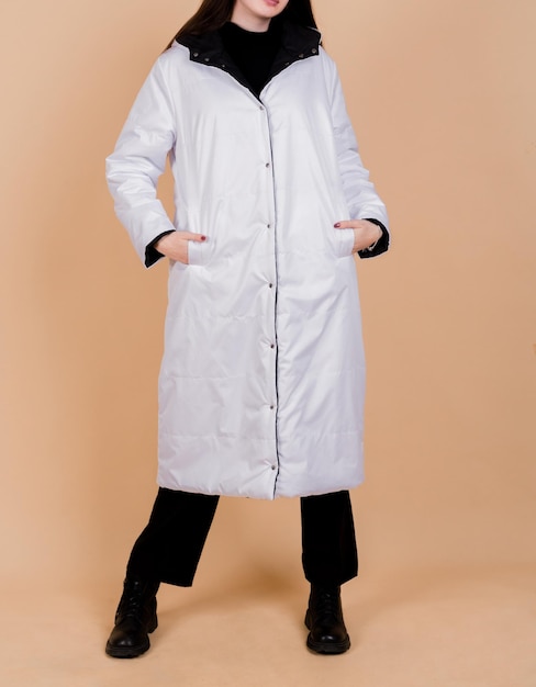 Woman in Long White Coat Front View