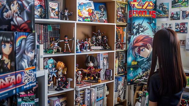 A Woman Looking at Anime Figures and Manga on Bookshelves