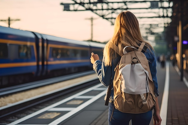 Photo woman looking at arriving train with backpack behind stands in front of the open doors of the subway and waiting for next train