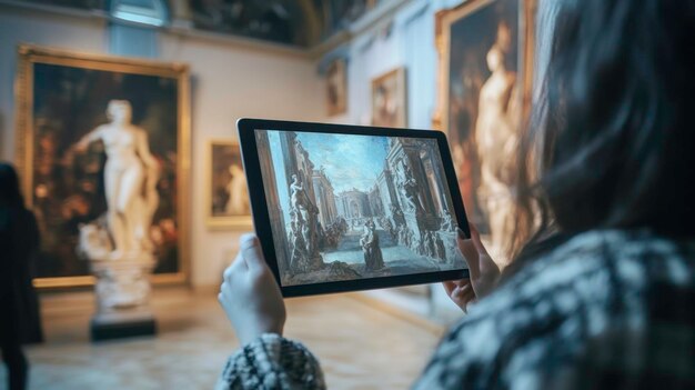 Photo woman looking at artwork on tablet