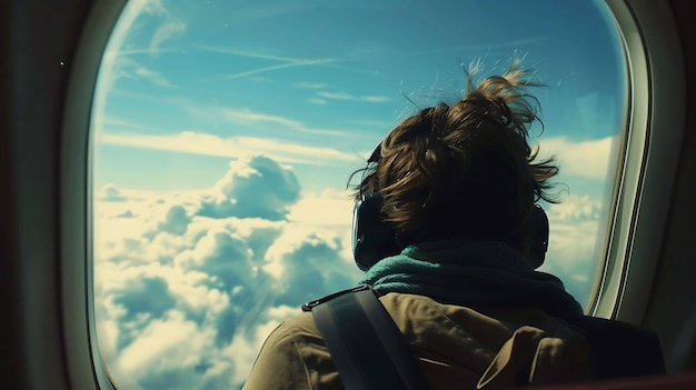 Photo a woman looking at the clouds with a camera on her back