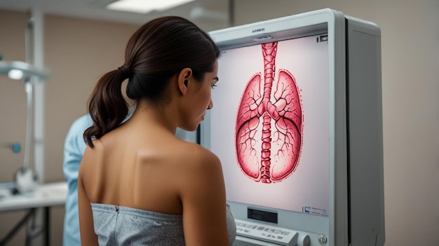 a woman looking at a computer screen with the word human anatomy on it