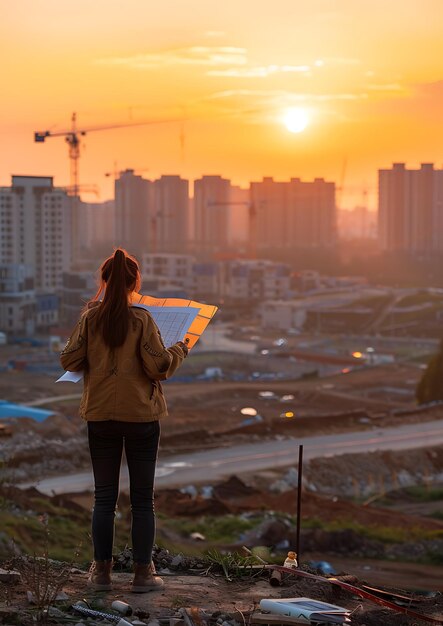 Photo woman looking at construction site plans with sunset cityscape in the background