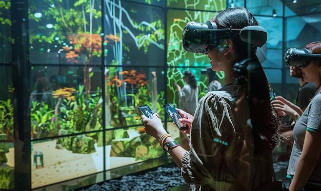 Photo a woman looking at a display of virtual reality glasses