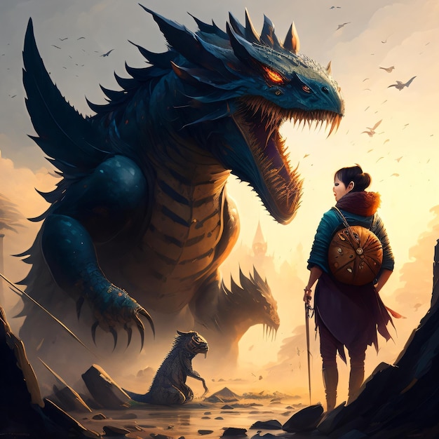 A woman looking at a dragon with the word dragon on it