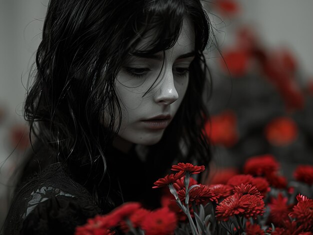 a woman looking at flowers with a white face and dark hair