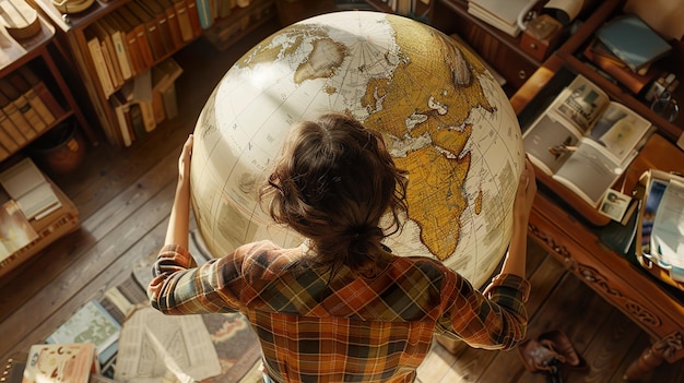 Photo a woman looking at a globe with a map of the world on the top