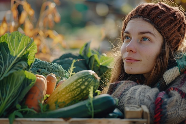 Photo woman looking at harvested vegetables in crate