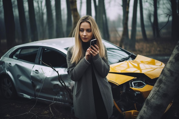 Woman looking at her cell phone next to wrecked car in the woods Generative AI